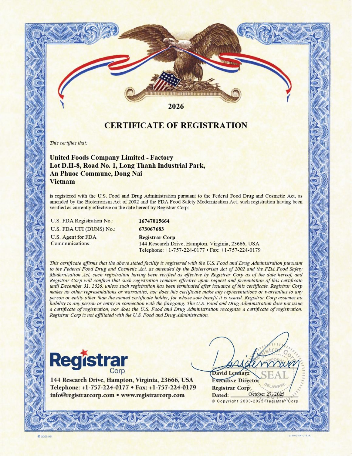 FDA Certificate of United Foods 2025 - 2026_page-0001