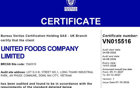 United Foods Achieves BRCGS Grade A+ in Unannounced Audit, Reinforcing Its Commitment to Food Safety